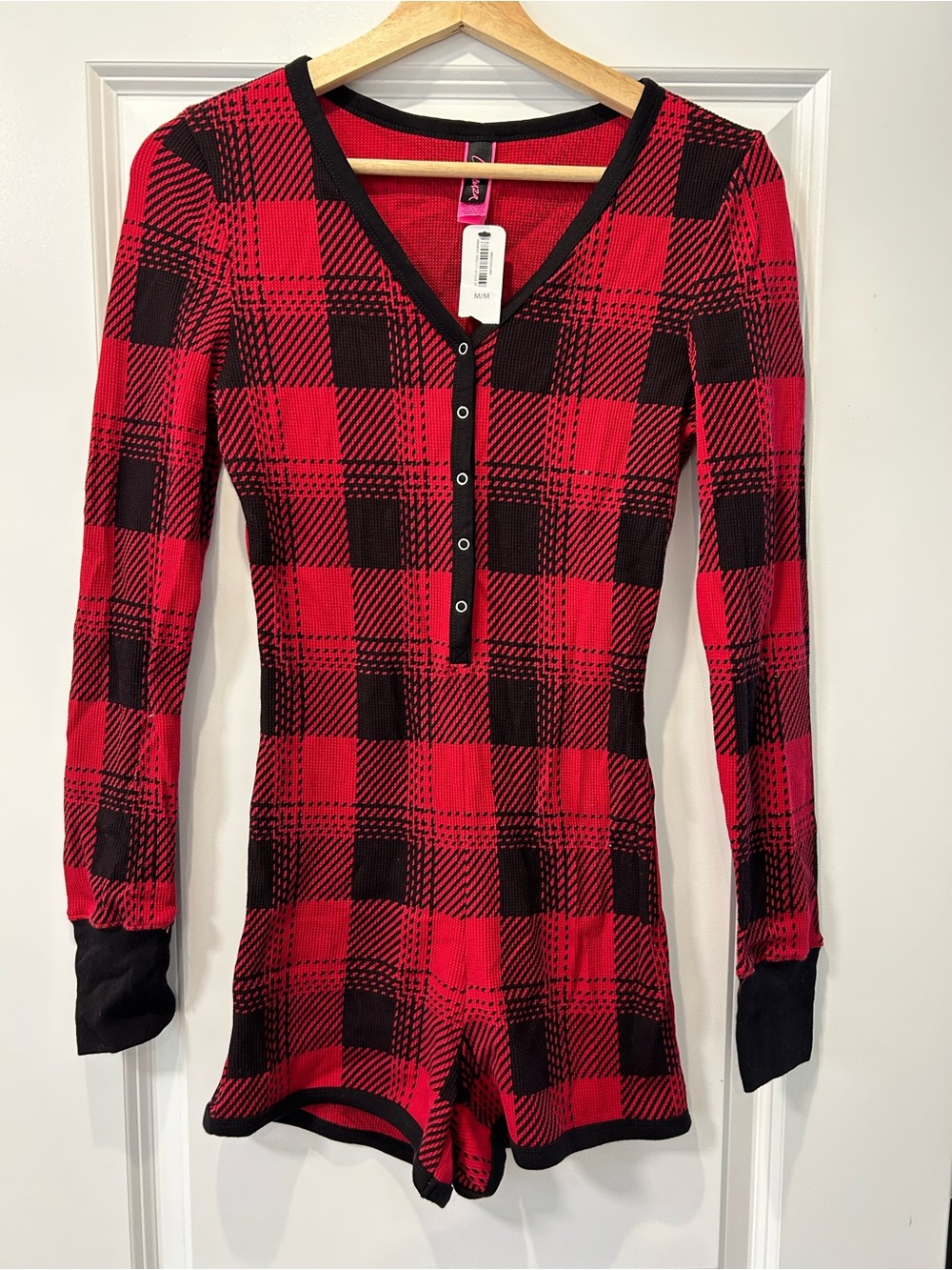 La SENZA Red and Black Plaid Henley Romper